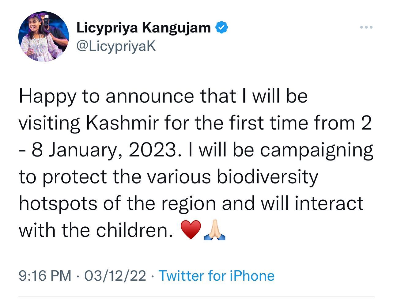 Happy to announce that I will be visiting Kashmir for the first time from 2 - 8 January, 2023. I will be campaigning to protect the various biodiversity hotspots of the region and will interact with the children. ♥️🙏🏻